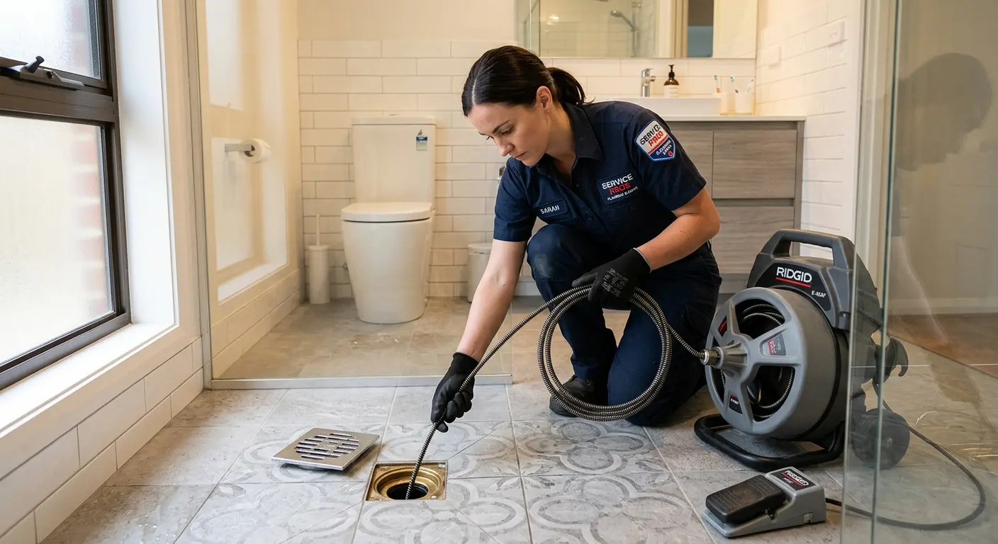 Technician clearing a bathroom floor drain for Drain Cleaning in Mehlville